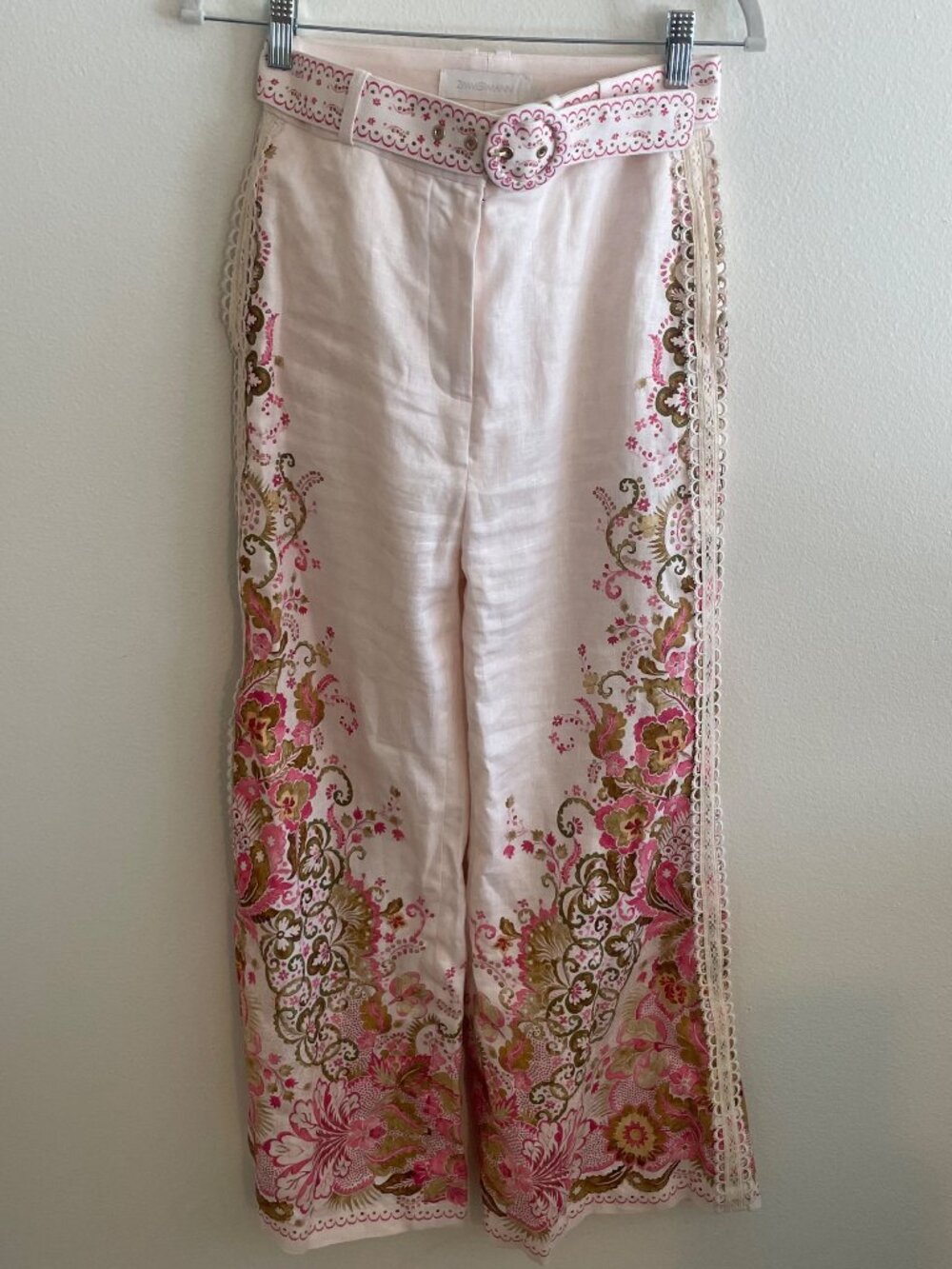 Zimmermann Laurel Floral Print Belted Linen Pants Blush Pink — Sz 0 (US 4)